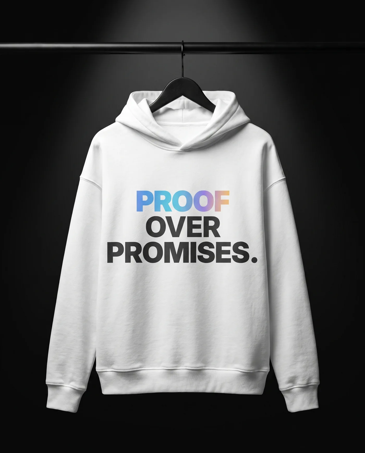 Proof Over Promises White Bestehende KI-Konzeptansicht. Kein reales Produktfoto und keine Materialzusage.