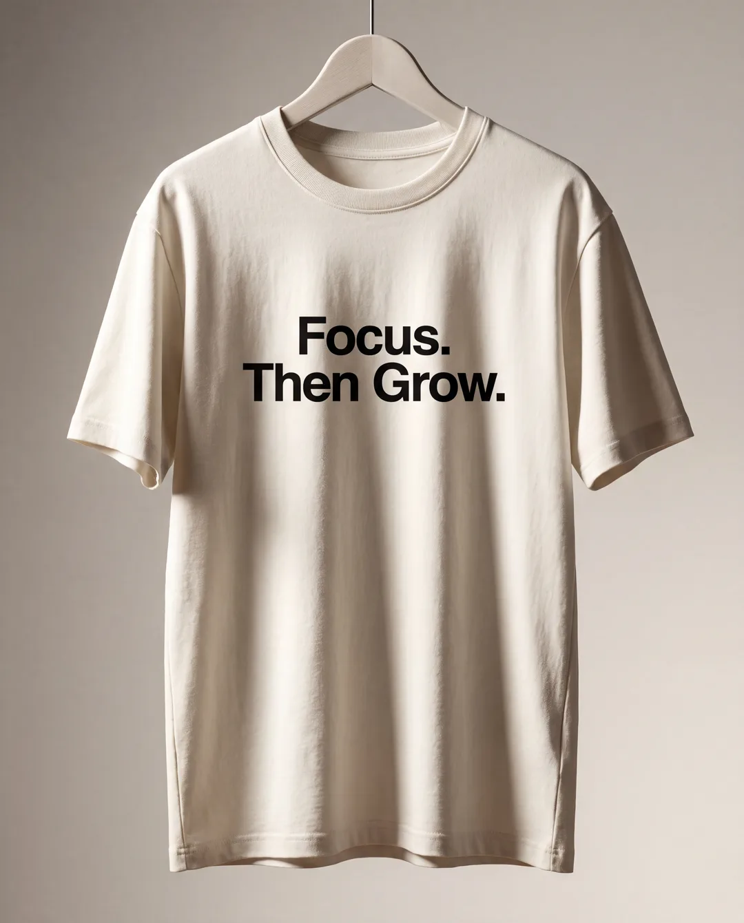 Focus Then Grow Tee Bestehende KI-Konzeptansicht. Kein reales Produktfoto und keine Materialzusage.