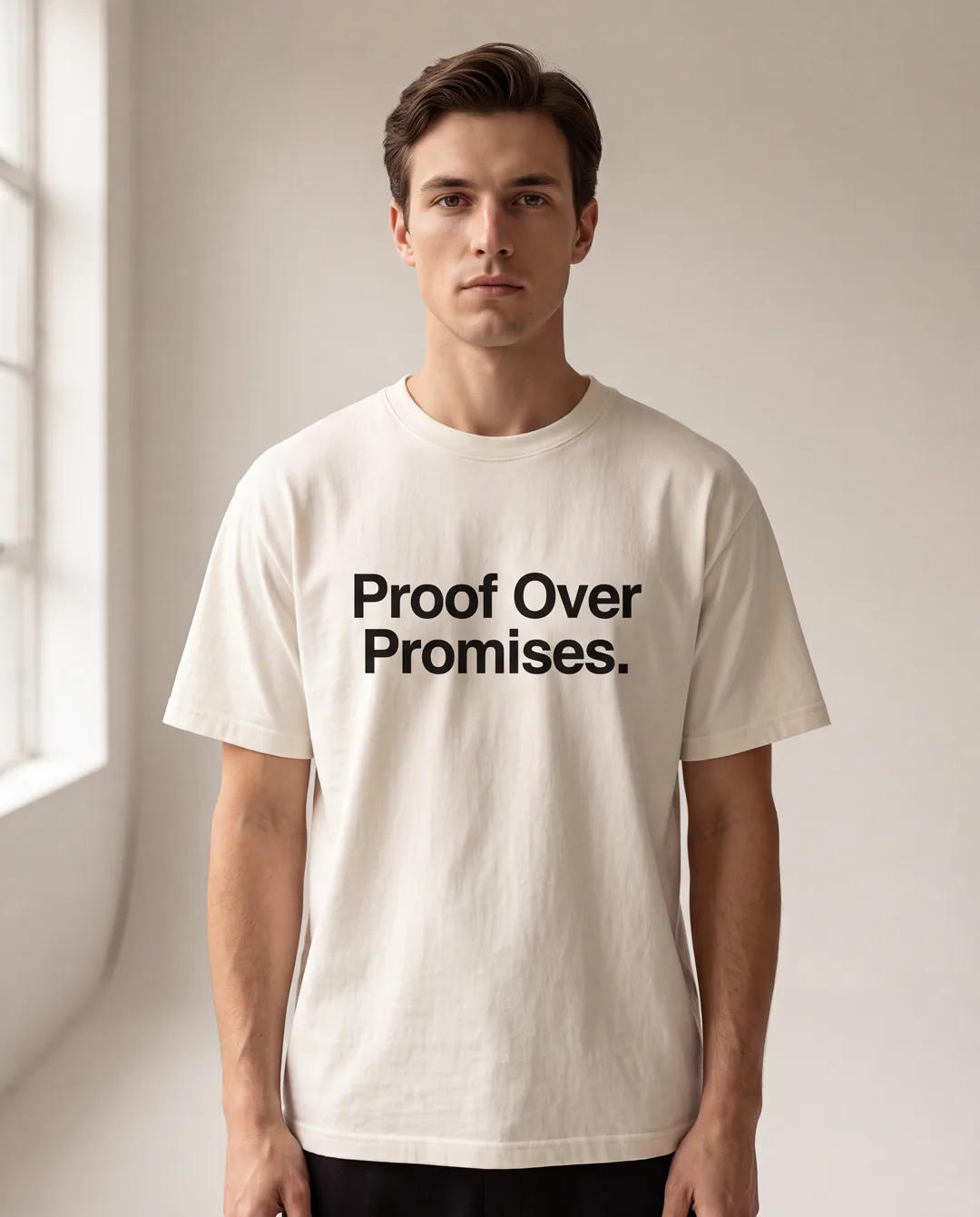 Proof Over Promises Tee Bestehende KI-Konzeptansicht. Kein reales Produktfoto und keine Materialzusage.